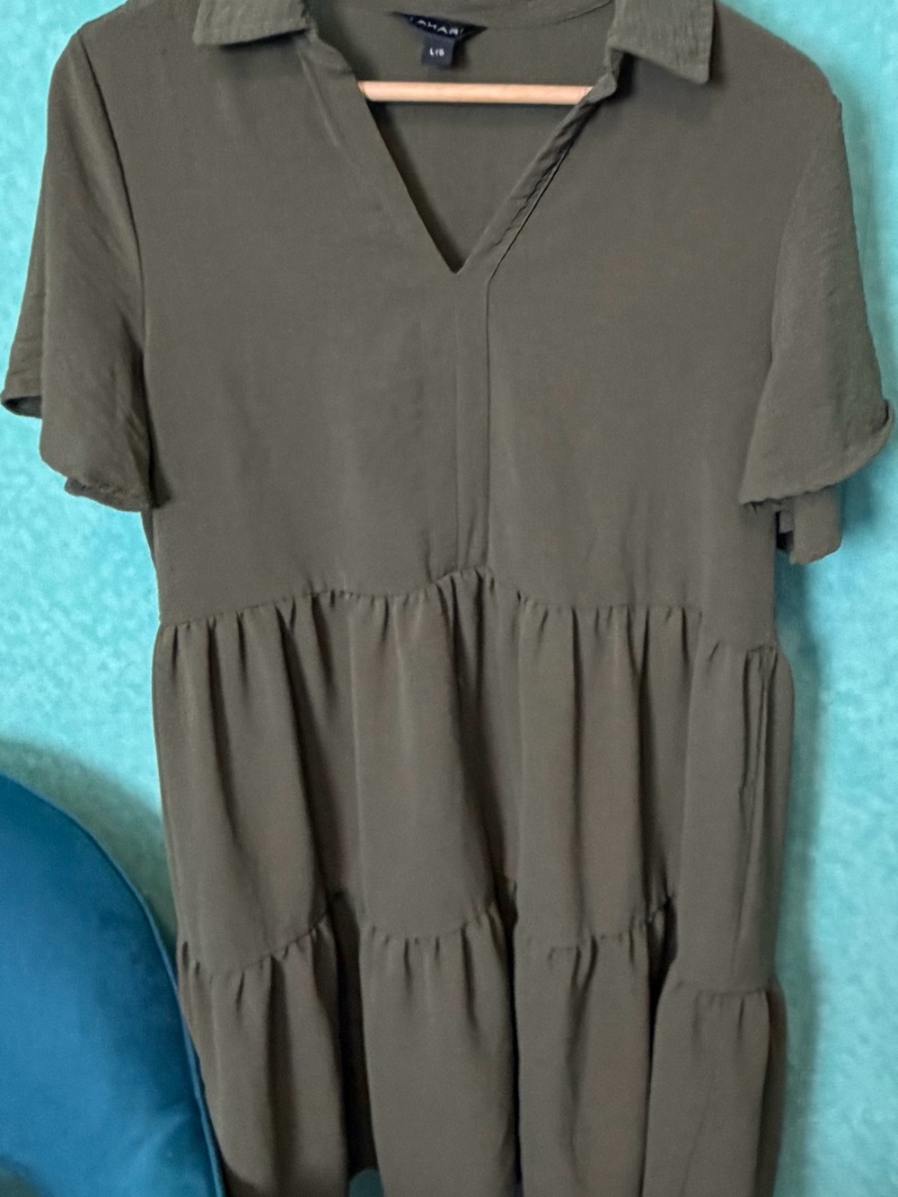🐍✨Tahari Olive Green Baby Doll Tiered Midi Dress with Collar